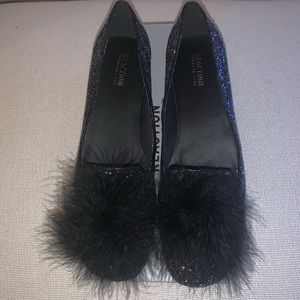 Black Glitter Flats With Black Fur Pom Pom